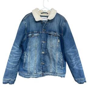 Goodfellow Jacket Mens XL Blue Sherpa Lined Denim Trucker Faux Fur Collar Button